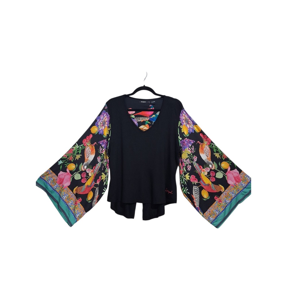 Desigual Exaggerated Colorful Bird Sleeves Womens size XL Stretchy Statement Top - Picture 9 of 16